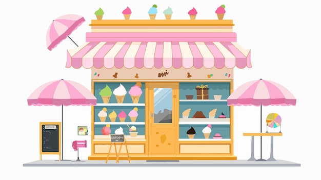 Ice Cream Store Facade with Parasol Flat Vector Illustration