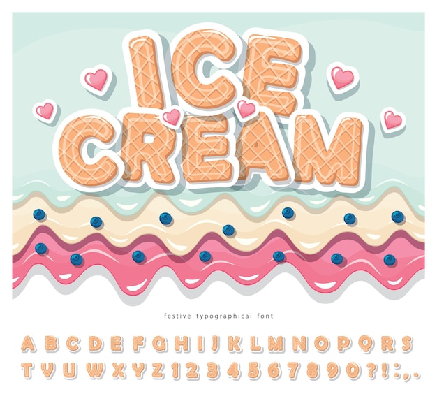 Ice cream wafer font Cute cartoon alphabet Paper cut out sweet letters and numbers