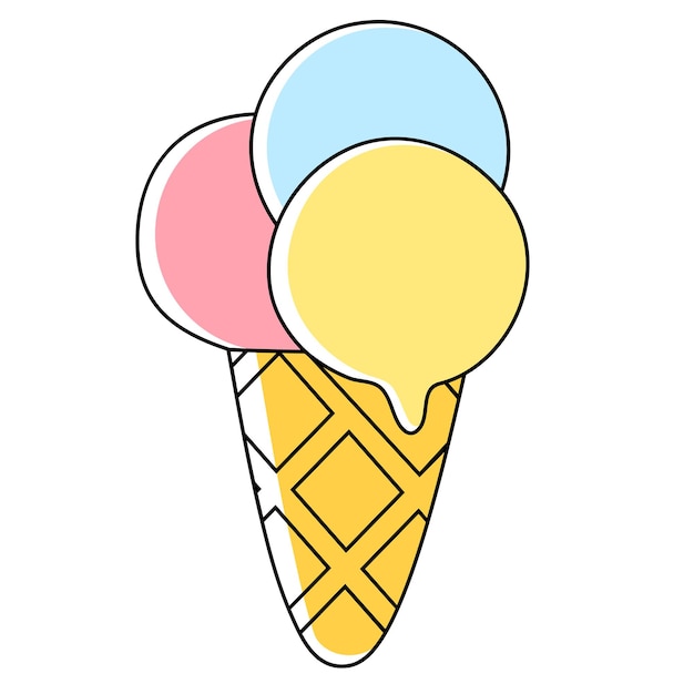 Ice cream in a waffle cone three types in balls. Vector icon flat style, outline.