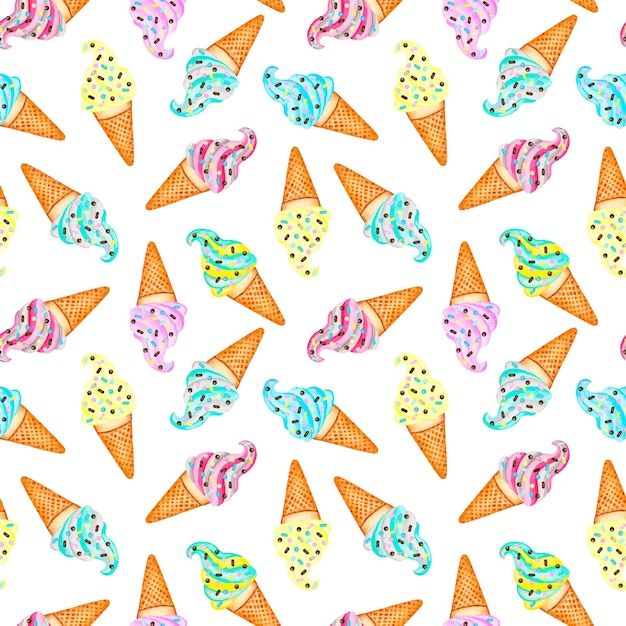 Ice cream in waffle cone watercolor seamless pattern abstract wallpaper