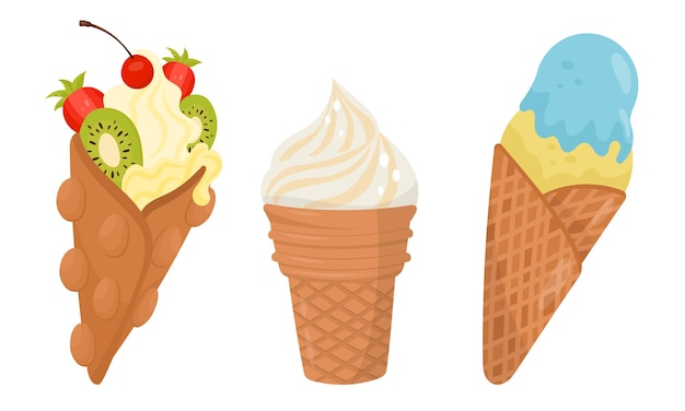 Vector ice cream in waffle cone with berries vector set