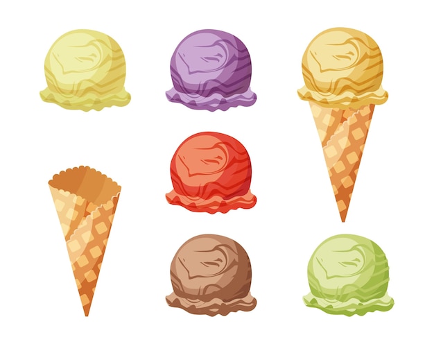 Ice cream in the waffle cone with different flavors Flat cartoon style vector illustration