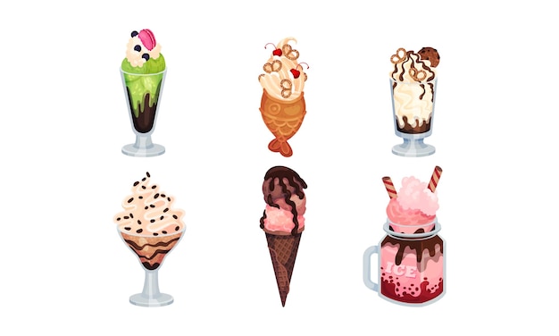 Ice Cream with Chocolate and Creamy Toppings in Waffle and Glass Tub Vector Set