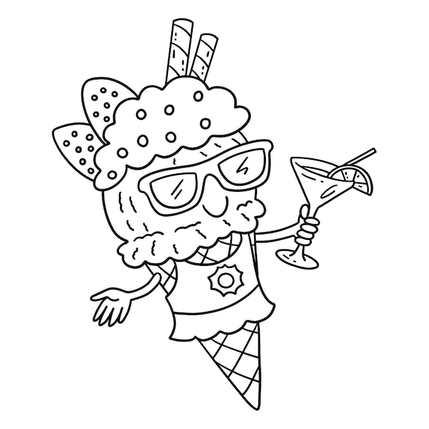 Ice Cream with Sunglasses Isolated Coloring Page