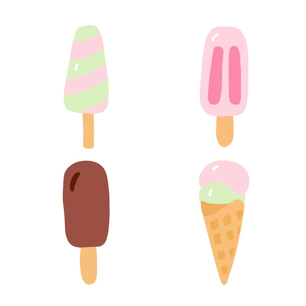 Ice creame dessert set Cute cartoon vector illustration Hnad drawn popsicle ice cream chocolate