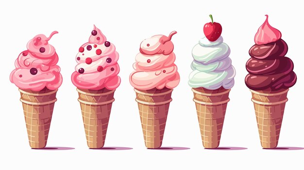 Vector ice creams in a row with a red apple on the top