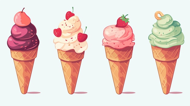 Vector ice creams with strawberries in a row