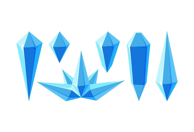 Ice crystal prisms and crown Set of minerals or frozen pieces of ice for game design Vector