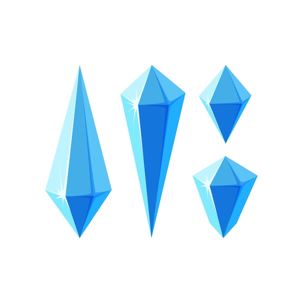 Ice crystal prisms or gem stones Set of minerals or frozen pieces of ice for game design Vector