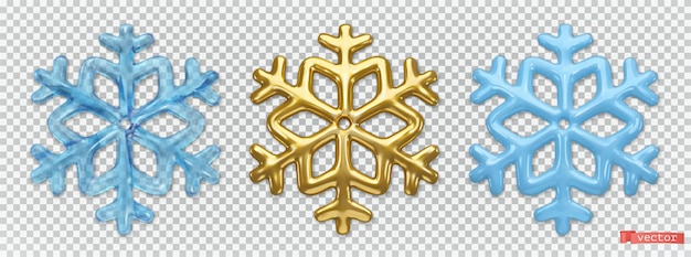 Ice and gold snowflakes. 3d vector realistic icon set. Christmas decorations