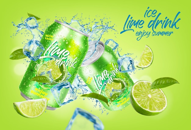 Vector ice lime drink can lime fruit water splash tea leaves and ice cubes creating a perfect balance of flavors and a cooling sensation refreshing beverage promising a cool and zesty summer experience