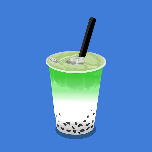 Ice Matcha Milk Tea with Boba Clear Lid Dome and Black Straw isolated blue background