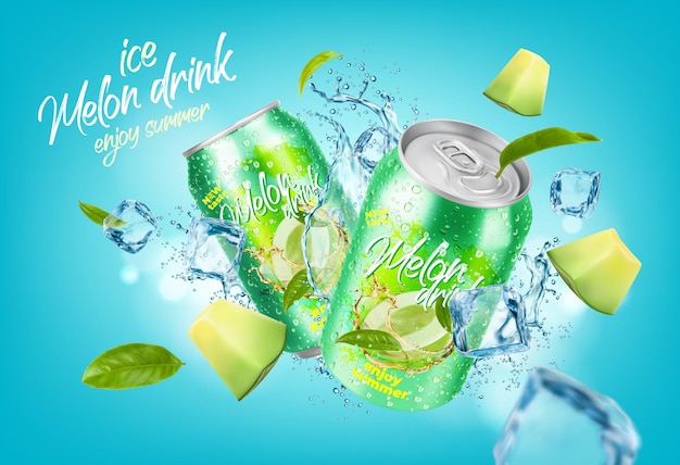 Ice melon drink can Melon slice water splash tea leaves and ice cubes create a refreshing and flavorful beverage Vector banner with perfect mix of fruity sweetness and cooling effect of ice