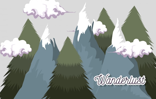 Ice mountains with clouds and pine trees landscape