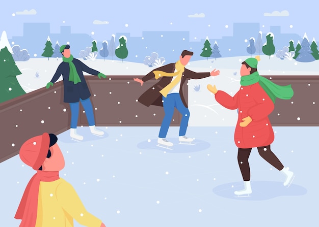 Ice skating flat color . Winter activities ideas. Snow sports. Ice skating rink. Outdoor christmas time. Sporty 2D cartoon characters with snowy forest on background