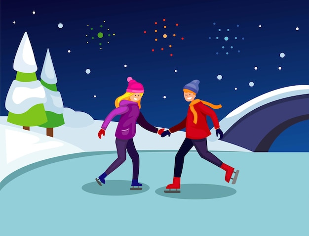 Ice skating in frozen river with firework christmas and new year season illustration vector