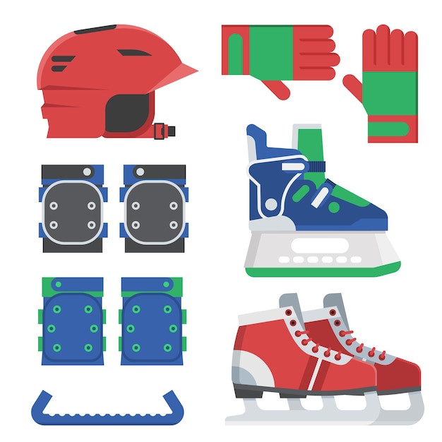 Ice skating gear and equipment set. Ice-skates shoes, knee and elbow protection, gloves and red sport helmet.