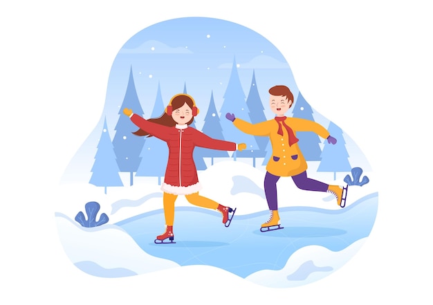 Ice Skating Hand Drawn Cartoon Flat Illustration of Winter Fun Outdoors Sport Activities on Ice Rink