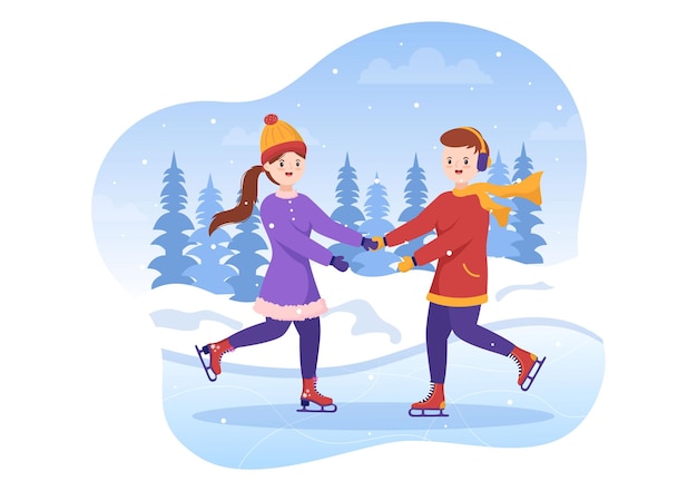 Ice Skating Hand Drawn Cartoon Flat Illustration of Winter Fun Outdoors Sport Activities on Ice Rink