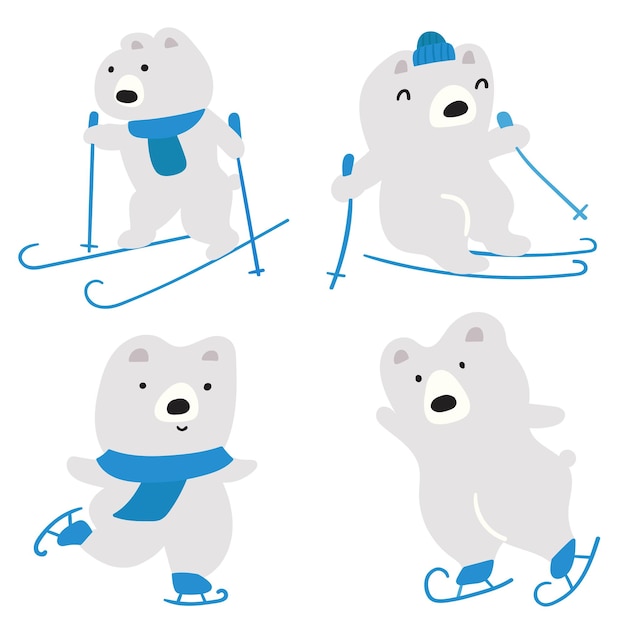 Ice skating and skiing bears. Set of illustrations. Flat vector graphic design on white background.