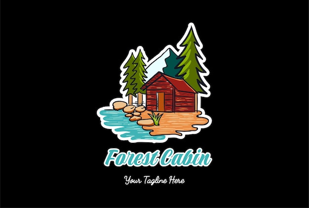 Ice Snow Mountain Pine Evergreen Spruce Fir Forest with Lake Creek River for Cabin Chalet Cottage Logo Design