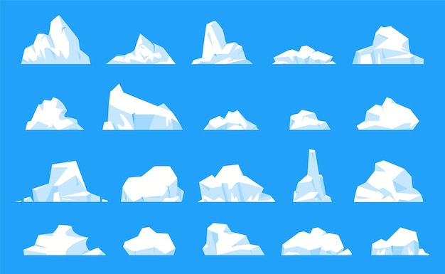 Iceberg collection Floating ice mountain cartoon glacier in arctic ocean water or north sea frozen polar glacial fragment melting icy rock peak Vector set