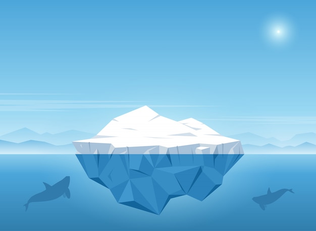 Iceberg floating in blue ocean with whale swims under the iceberg. Vector illustration