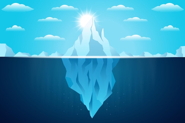 Iceberg floating in ocean illustration with bright sun