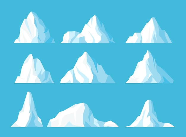 Icebergs in ocean flat set Icy frozen mountains peak floating in water Ice arctic snowy rocks