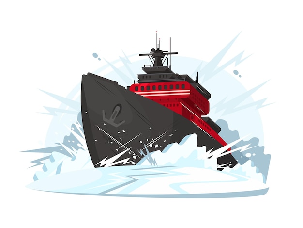 Icebreaker breaks ice in frozen sea or ocean