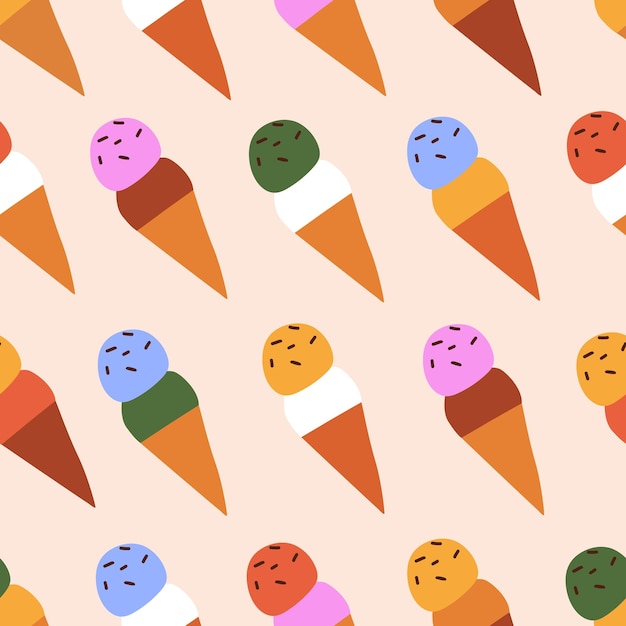 Vector icecream pattern seamless background icecream balls in cones sweet yummy summer food texture design endless repeatable print for textile fabric wrapping printable flat vector illustration