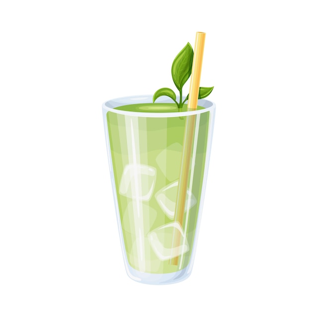 Iced matcha or matcha green tea latte in glass   illustration.