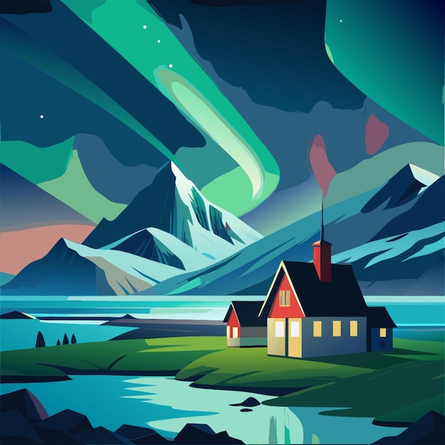 Vector iceland aurora vector illustration flat 2