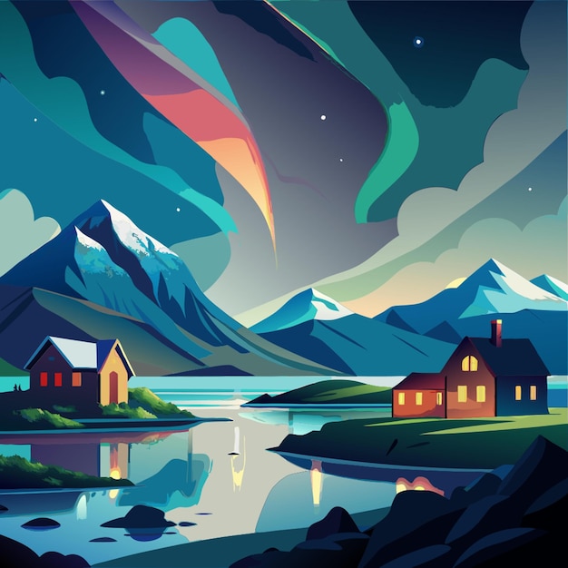 Vector iceland aurora vector illustration flat 2