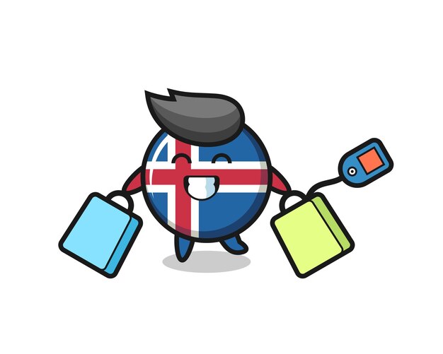 Iceland flag mascot cartoon holding a shopping bag , cute design