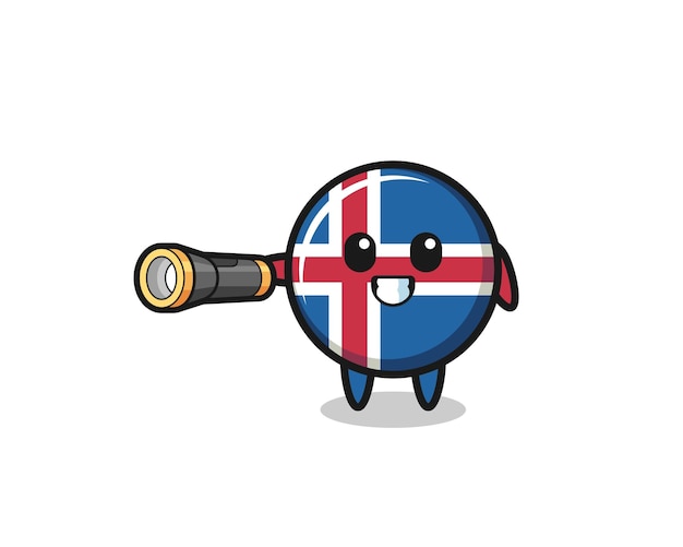 Iceland flag mascot holding flashlight  cute design