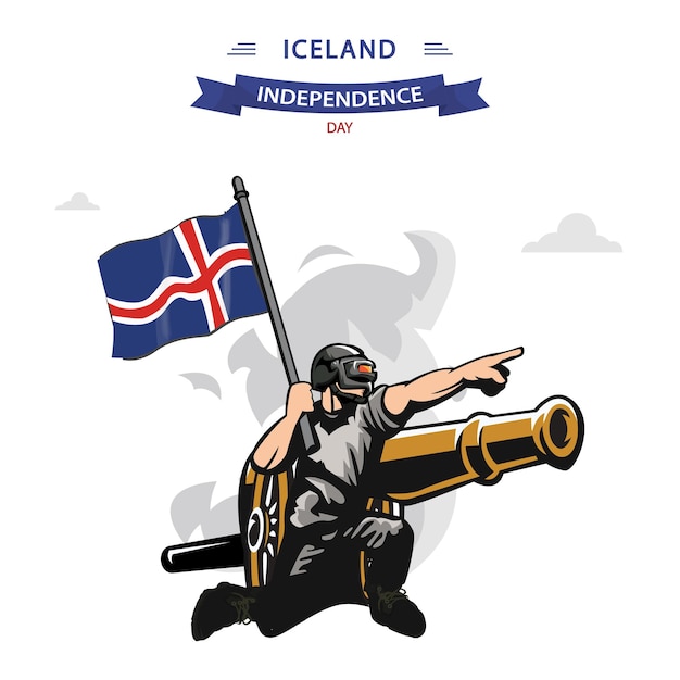 Iceland Independence Day vector Flat Design Patriotic soldier carrying Iceland Flag