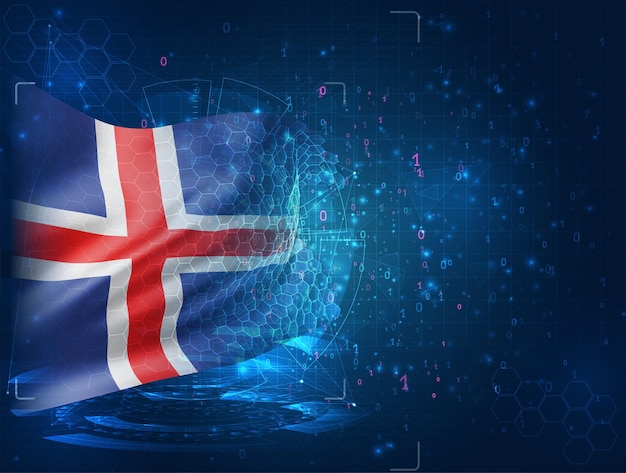 Iceland, vector 3d flag on blue background with hud interfaces