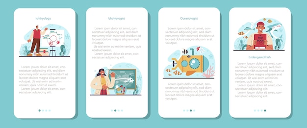 Ichthyologist mobile application banner set. Ocean fauna scientist.