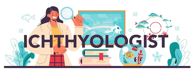 Ichthyologist typographic header. Ocean fauna scientist. Practical studying of branch of zoology devoted to the study of fish. Endangered species protection. Isolated vector illustration