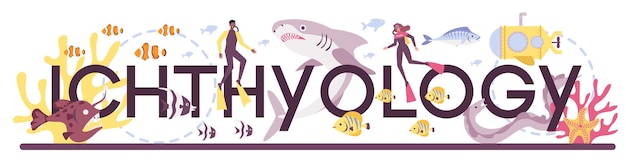 Ichthyologist typographic word. Ocean fauna scientist. Practical studying of branch of zoology devoted to the study of fish. Isolated vector illustration