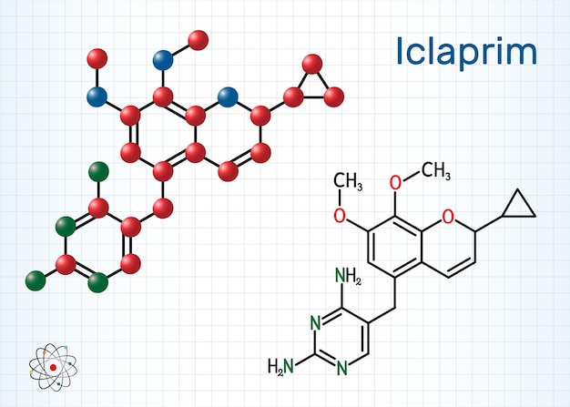 Vector iclaprim molecule antibiotic drug structural chemical formula and molecule model