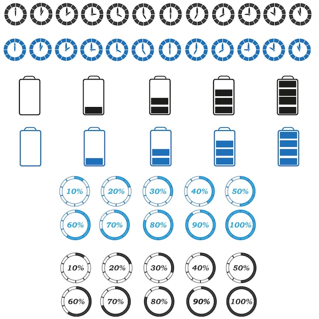 icon blue and gray watch, battery, percentage.