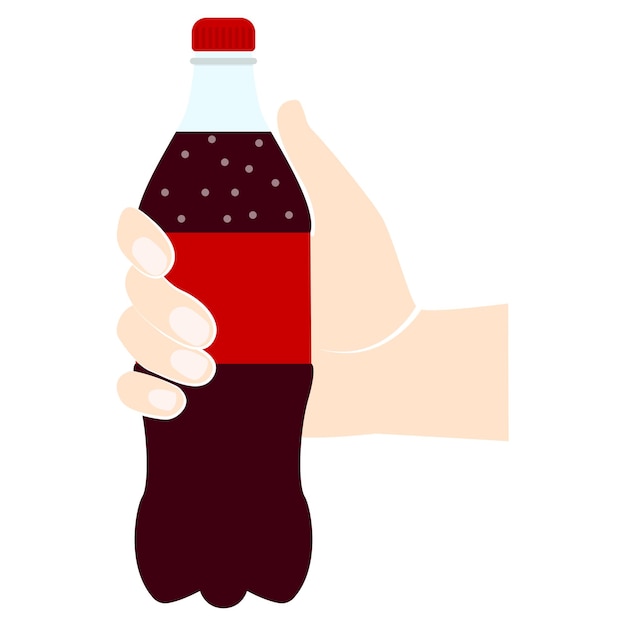 Icon bottle of soda hold in hand. Soda in plastic tarre pictogram. Fast food drink