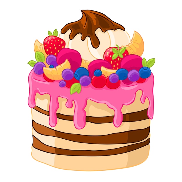 Icon cartoon sweet cake with strawberries, marshmallows,fruits and berries. Baking with citrus.