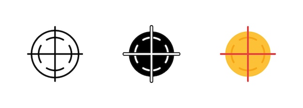 An icon of a crosshair or targeting reticle used to aim at a target in shooting or hunting games or for indicating a specific point Vector set of icons in line black and colorful styles isolated