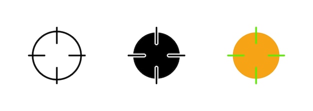 An icon of a crosshair or targeting reticle used to aim at a target in shooting or hunting games Vector set of icons in line black and colorful styles isolated