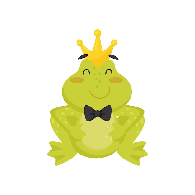 Icon of cute smiling frog with golden crown on head and black tie bow on neck Adorable green toad with pink cheeks Graphic element for children book or mobile game Isolated flat vector illustration