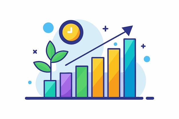 An icon depicting a growth data set showing a plant with colorful bars indicating progress over time Growth data set icon