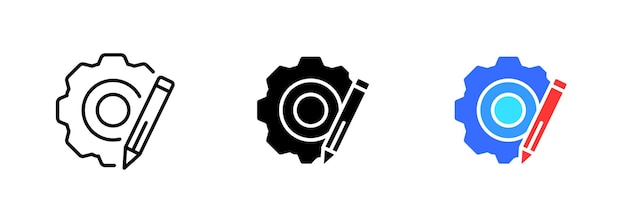 An icon of a gear or cogwheel with a pencil symbol inside it This icon is often used to represent settings Vector set of icons in line black and colorful styles isolated